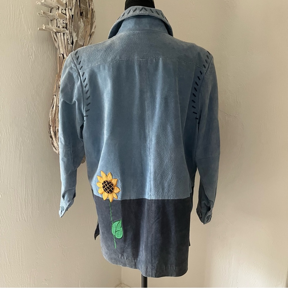 Suede Leather Barn Jacket L Blue Sunflowers Whipstitch Fall Boho Chore Quacker - Picture 4 of 16